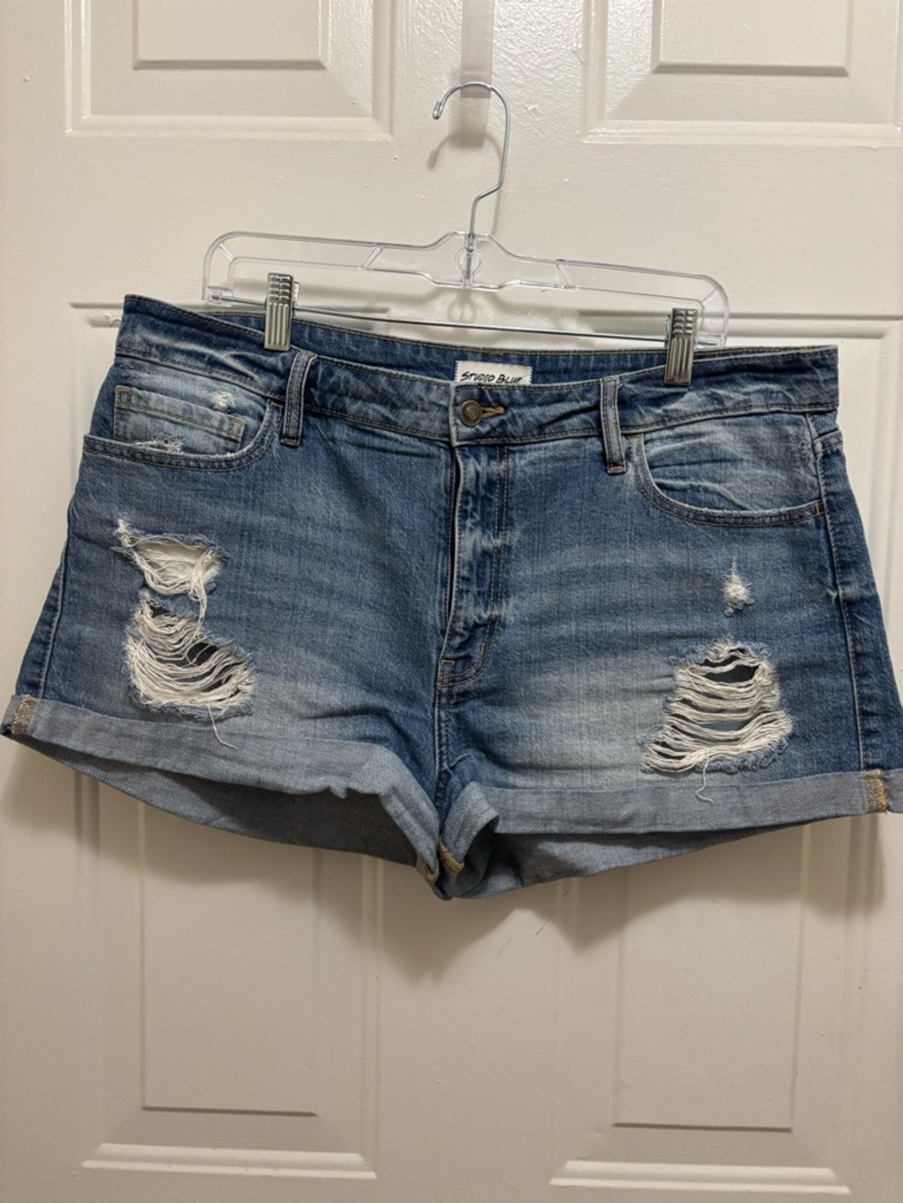 Light Blue Distressed Rolled-Hem Denim Shorts